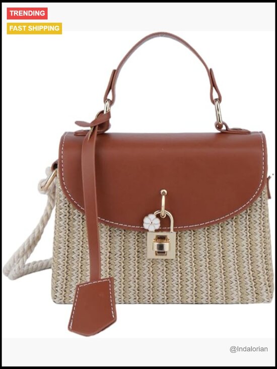 Handbags - Faux Leather & Straw Patchwork Crossbody Beach Bag, Summer Woven Shoulder Bag